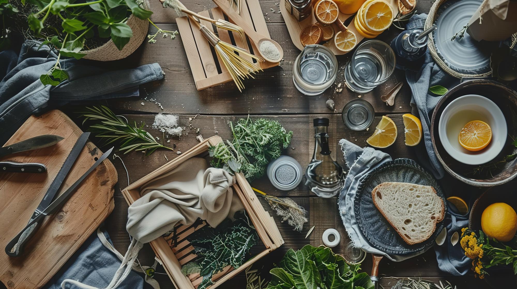Workshop table with knives, herbs and clay plates